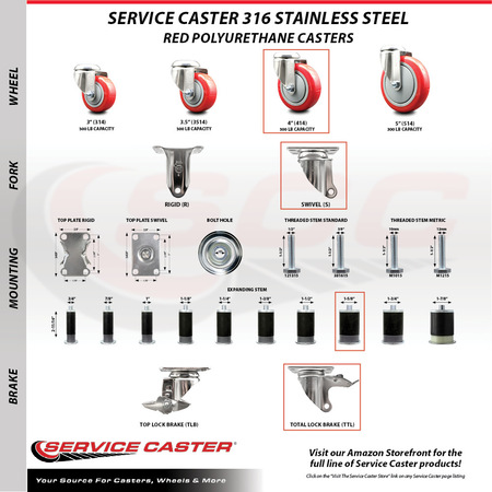 Service Caster 4 Inch 316SS Red Poly Swivel 1-5/8 Inch Expanding Stem Caster Lock Brake SCC SCC-SS316TTLEX20S414-PPUB-RED-158